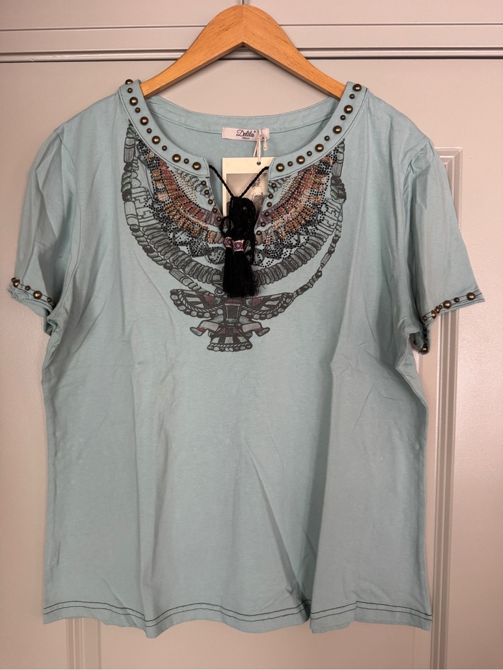 Delila NWT Light Blue Embellished 100 % Cotton Short Sleeve Top - XXL (2X)